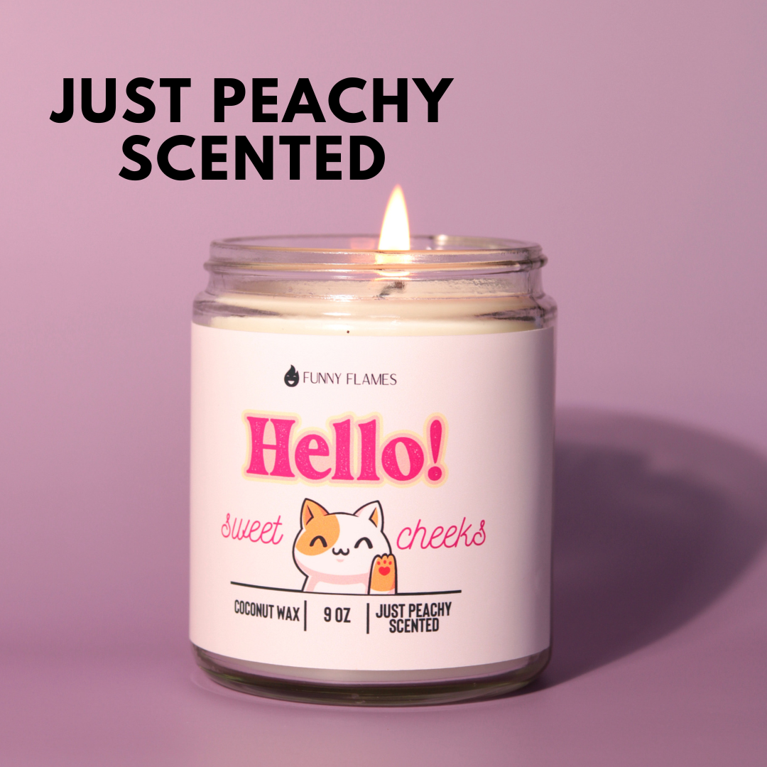 Hello Sweet Cheeks (Funny Cat) Peach Funny Candle